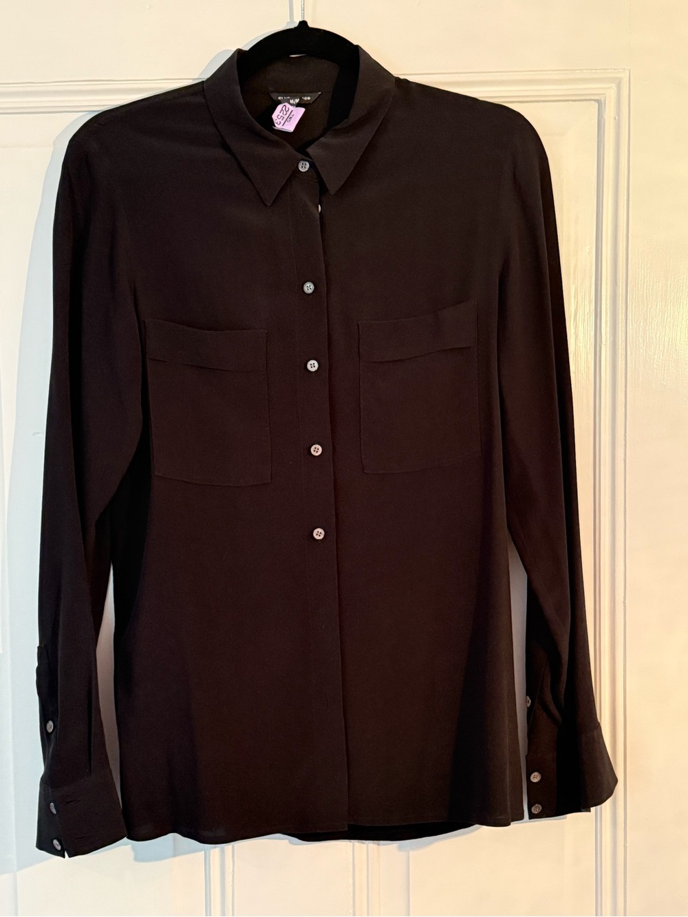 Club Monaco Black Long-Sleeve Button Down Silk Blouse with Fine Knit Backpanel